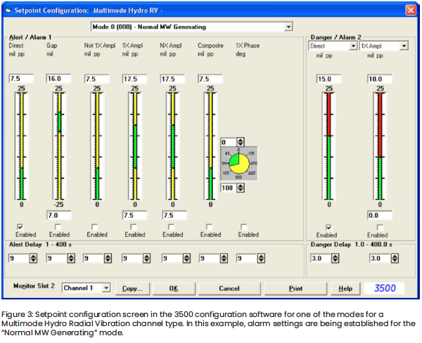 图3:3500组态软件中多模水力径向振动通道类型的一种模式的设定值组态屏幕。在本例中，正在为“正常MW发电”模式建立告警设置。