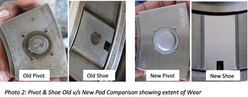 Photo 2: Pivot & Shoe Old v/s New Pad Comparison showing extent of Wear