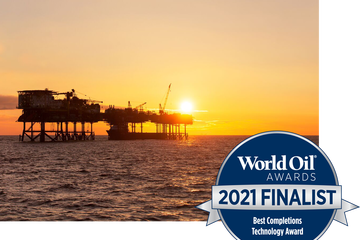 Photo of an offshore oil rig and the 2021 World Oil Finalist Award logo.